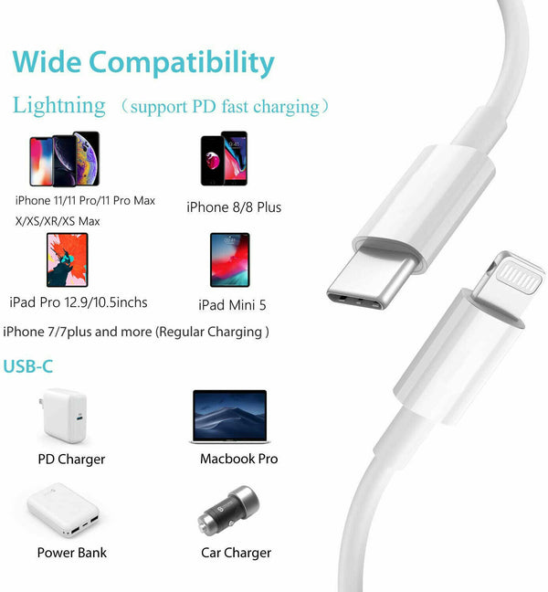 USB-C Type to 8 Pin Fast Charging Cable iPhone iPad Macbook 8 7 X XR 11 12 2M