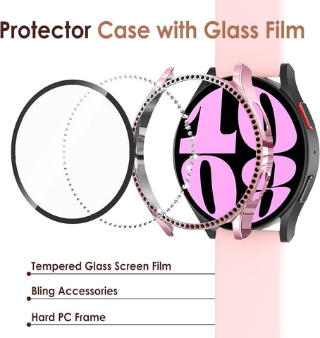 For Galaxy Watch 6 5 4 40mm 44mm Bling Glass Screen Protector Diamond Case Cover