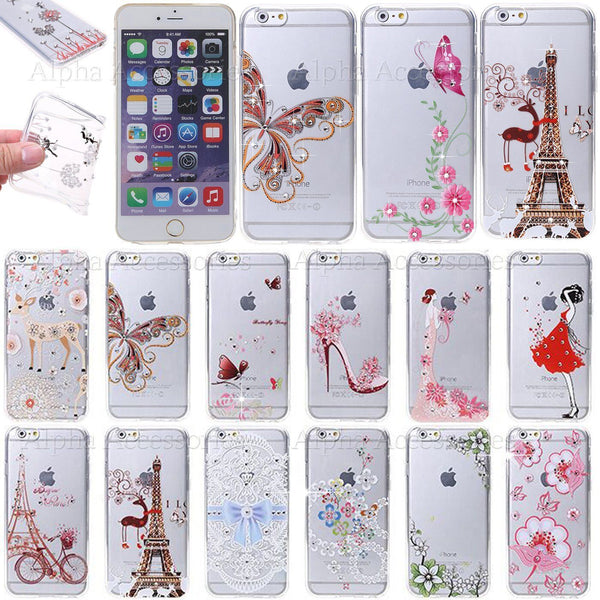 For iPhone 6 6s Soft Diamond TPU Printed Silicon Gel Bling Case Cover UK