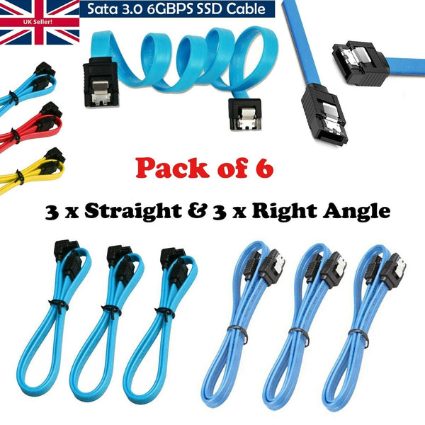 Cable L-Shape and Straight Data Lead 6 Pack 50cm Serial ATA SATA III 6GBps Lock