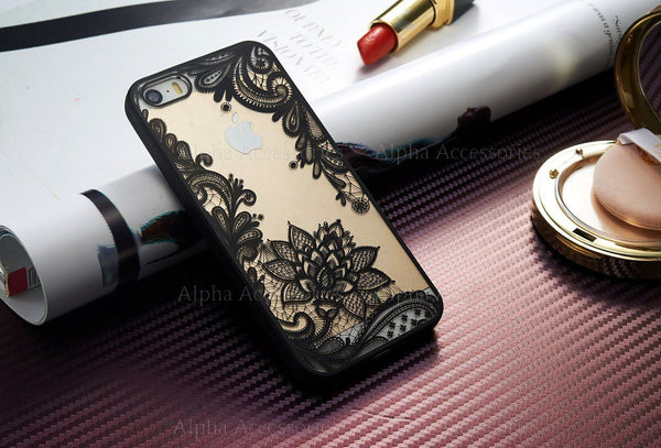 For iPhone 7 8 Plus Ultra Thin Clear Black Lace Flower Hard Case Cover - UK