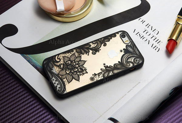 For iPhone 7 8 Plus Ultra Thin Clear Black Lace Flower Hard Case Cover - UK