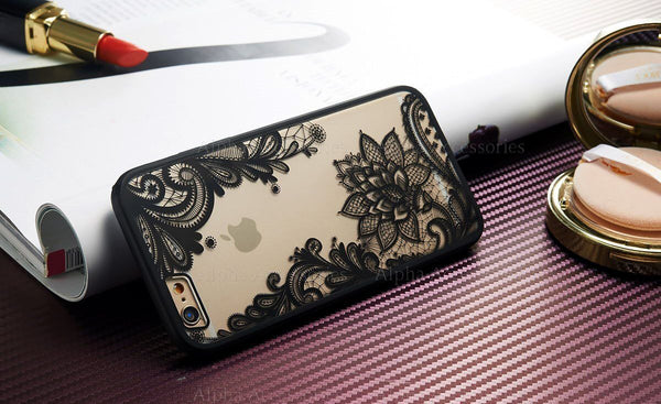 For iPhone 7 8 Plus Ultra Thin Clear Black Lace Flower Hard Case Cover - UK