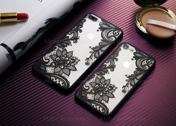 For iPhone 7 8 Plus Ultra Thin Clear Black Lace Flower Hard Case Cover - UK