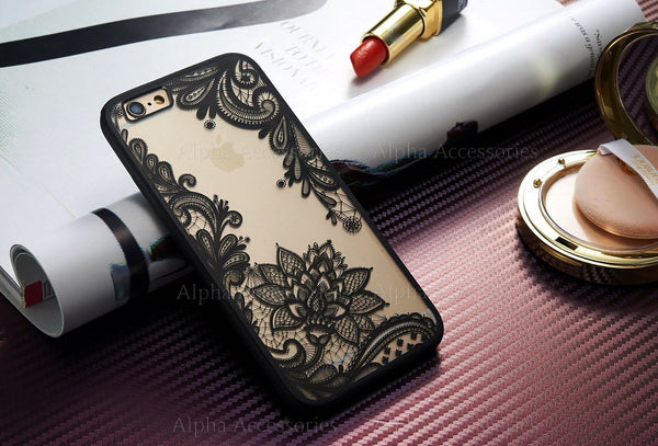 For iPhone 7 8 Plus Ultra Thin Clear Black Lace Flower Hard Case Cover - UK