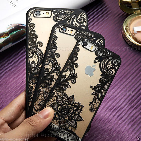 For iPhone 7 8 Plus Ultra Thin Clear Black Lace Flower Hard Case Cover - UK