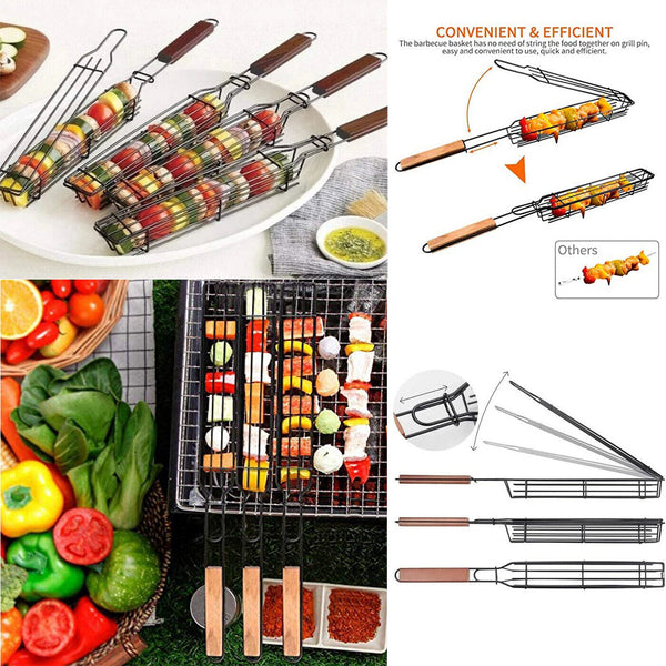 4X BBQ Grill Basket Net Kebab Barbecue Grilling Meat Vegetable Holder Tools-UK