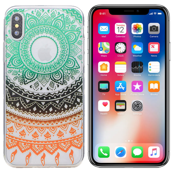 Slim TPU Gel Skin Case Cover For iPhone XS - Tapestry: Green Brown Orange - Alpha Accessories